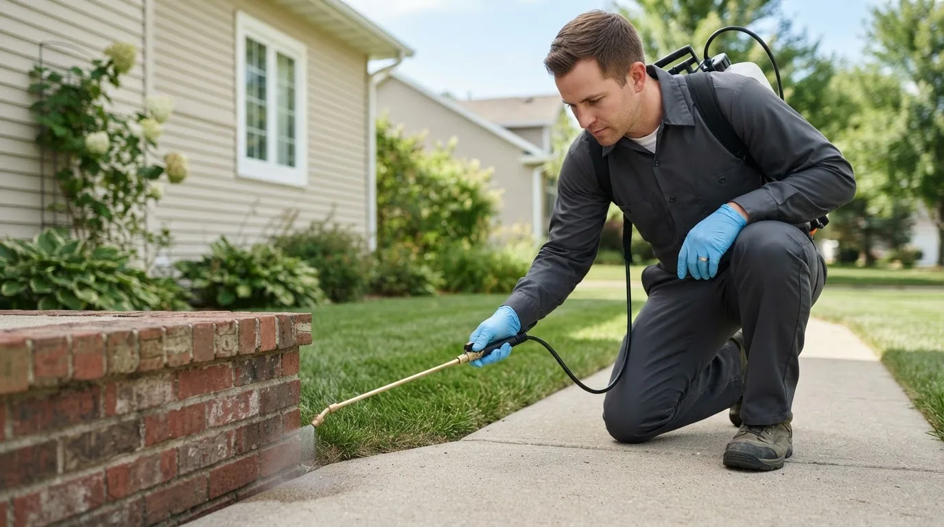Pest control technician treating a home near College Station, AR