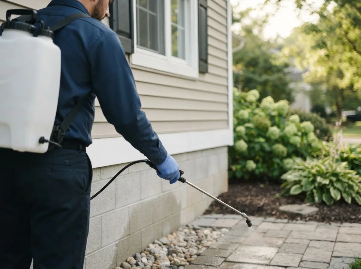 Pest control technician inspecting a home in College Station, AR